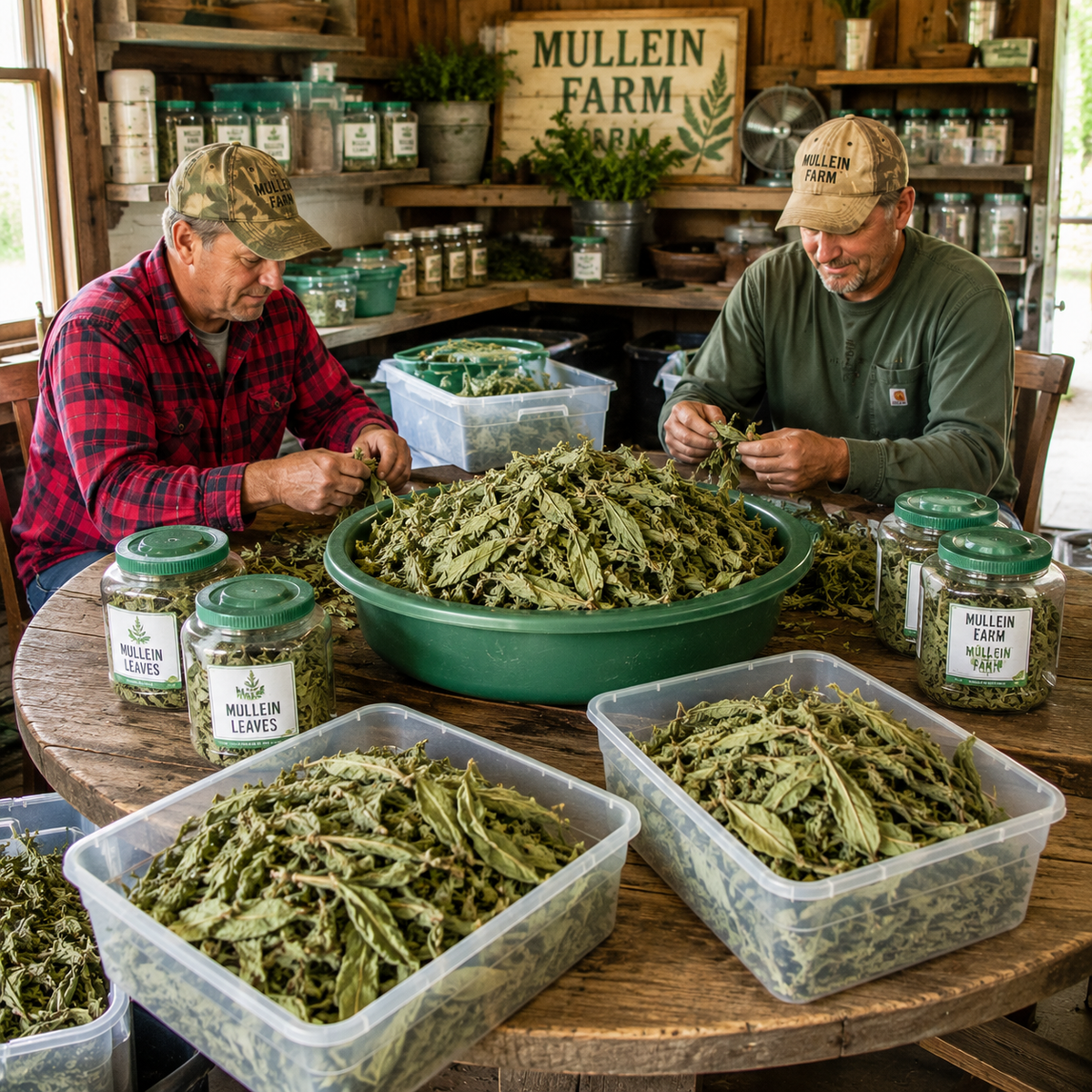 Two men seated at a wooden table in a rustic farm shop, handling loose green leaves in clear plastic bins and a large green bowl. Jars labeled 'MULLEIN FARM' are visible, along with shelves of packaged products and a sign reading 'MULLEIN FARM FARM'.