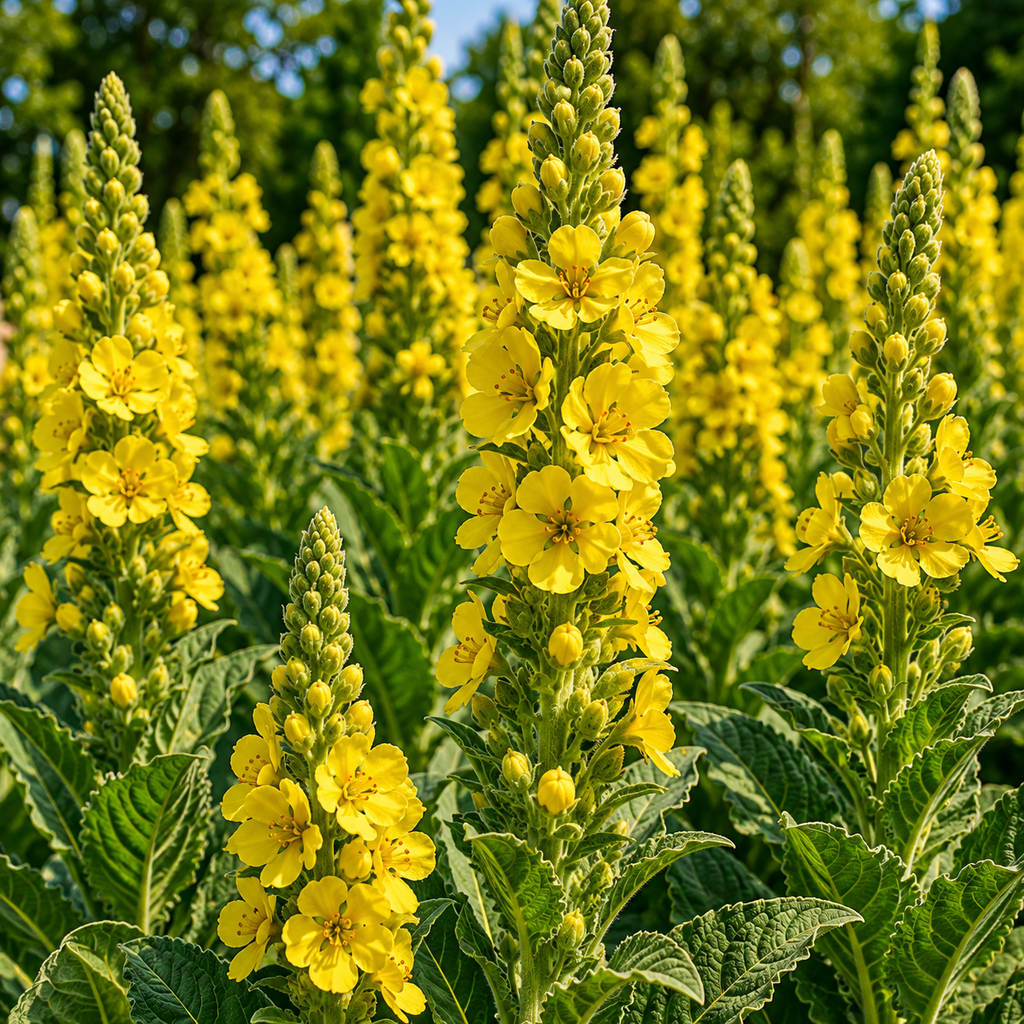 A close-up view of a garden bed filled with tall stalks of bright yellow flowers and textured green leaves under natural sunlight.