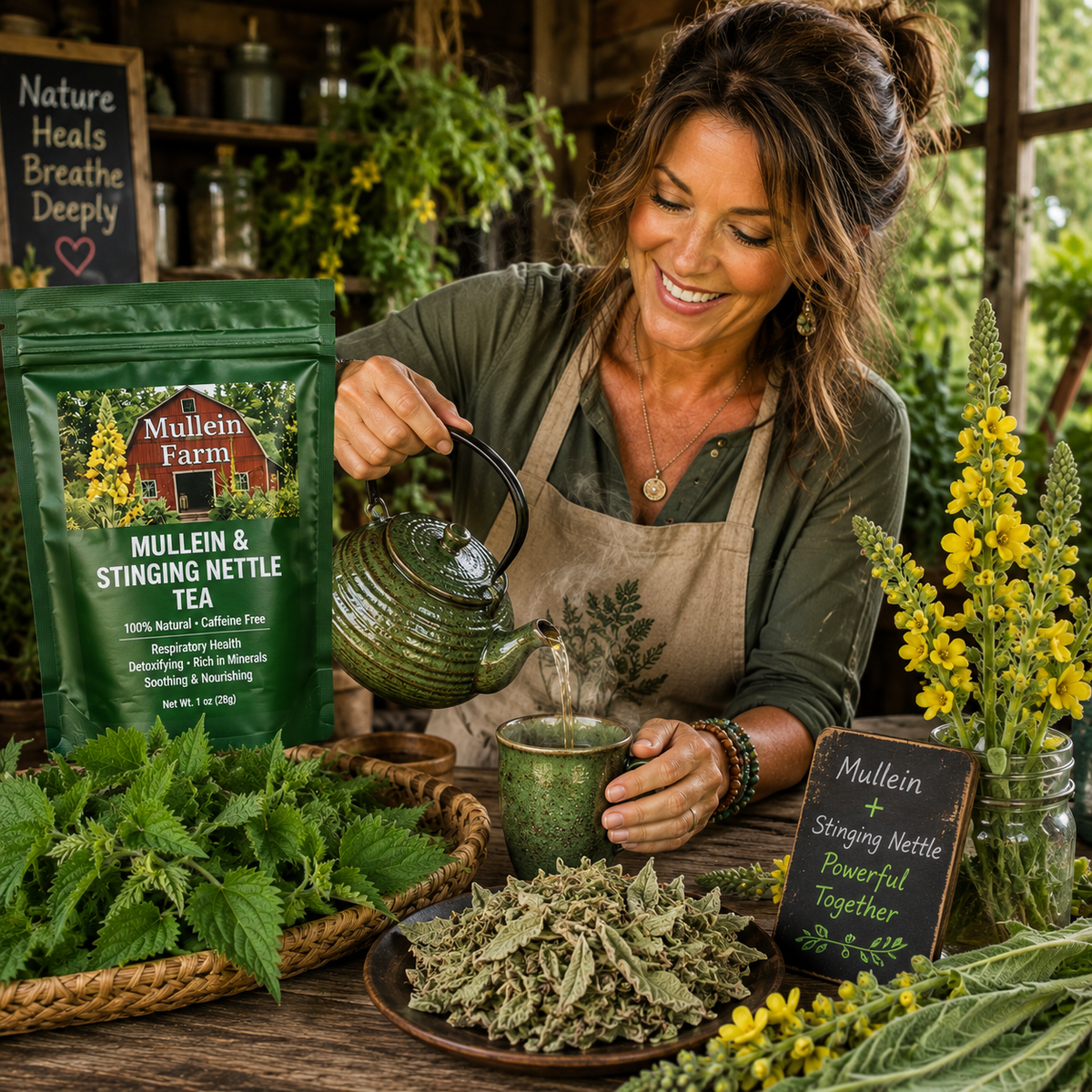 A woman in an apron pours tea from a green teapot into a cup on a rustic table, with a large bag of Mullein Farm Mullein & Stinging Nettle Tea beside her and fresh herbs, flowers, and garden plants around the scene.