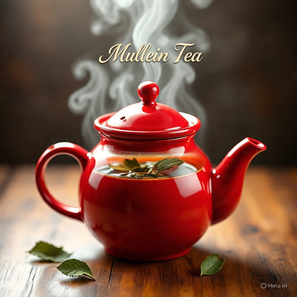 A glossy red teapot filled with mullein tea and visible green leaves, set on a wooden surface with steam rising and the words 'Mullein Tea' above it.