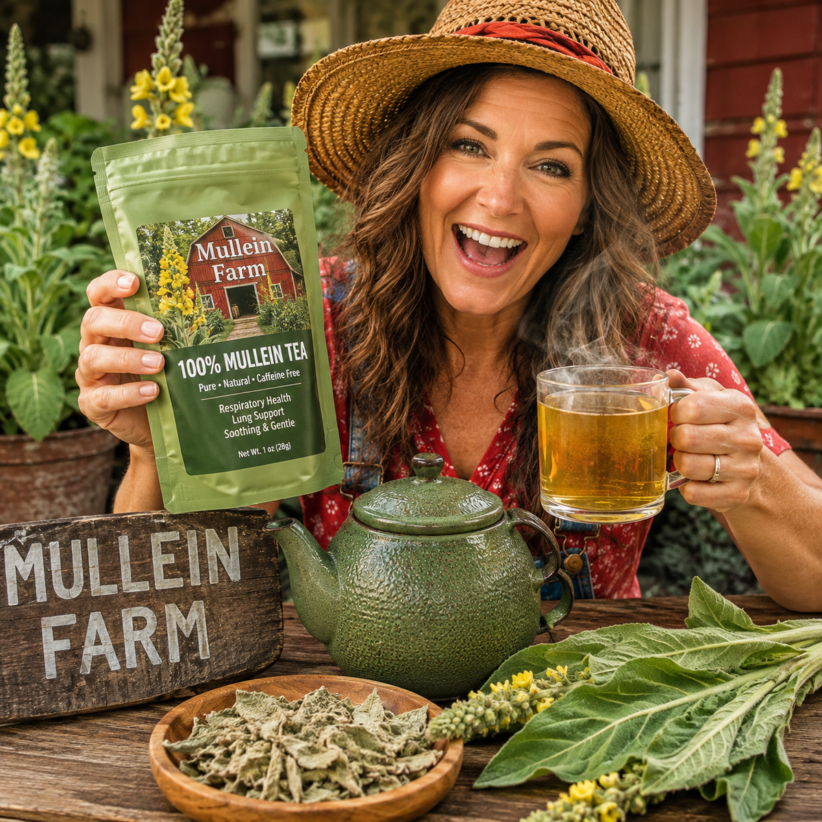 A woman in a straw hat holds up a green bag of Mullein Farm 100% Mullein Tea next to a green teapot and a glass mug of tea on a rustic wooden table, with fresh herbs and flowers in the background.