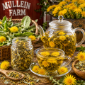A clear glass teapot and matching teacup filled with yellow dandelion tea, set on a rustic wooden table with loose dandelion flowers, dried herbs in a glass jar, baskets, and a sign reading 'MULLEIN FARM'.