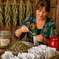 A woman in a floral robe is preparing tea from dried mullein leaves, with a jar of loose mullein leaves, a metal bowl of dried leaves, and multiple tea bags arranged on a table in a rustic room with hanging dried herbs in the background.