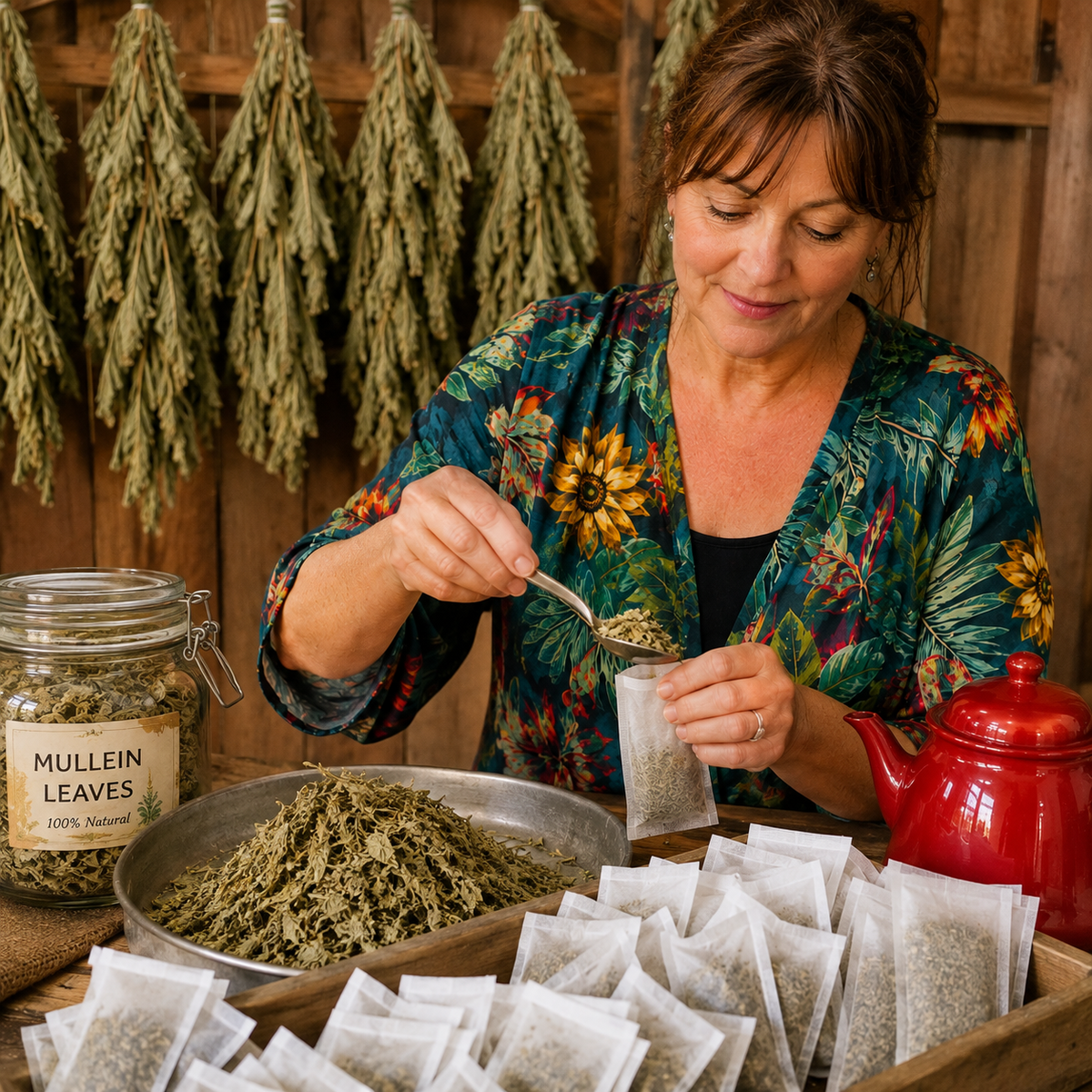 A woman in a floral robe is preparing tea from dried mullein leaves, with a jar of loose mullein leaves, a metal bowl of dried leaves, and multiple tea bags arranged on a table in a rustic room with hanging dried herbs in the background.