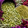 Green herbal supplement capsules spilling from a dark purple container next to a mound of matching green powder, surrounded by dried purple flowers and green leaves.
