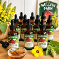 A group of amber glass dropper bottles labeled Mullein Farm Mullein Leaf Herbal Tincture arranged on a wooden surface with flowers, greenery, and a small bowl of amber liquid. A Mullein Farm sign is visible in the background.
