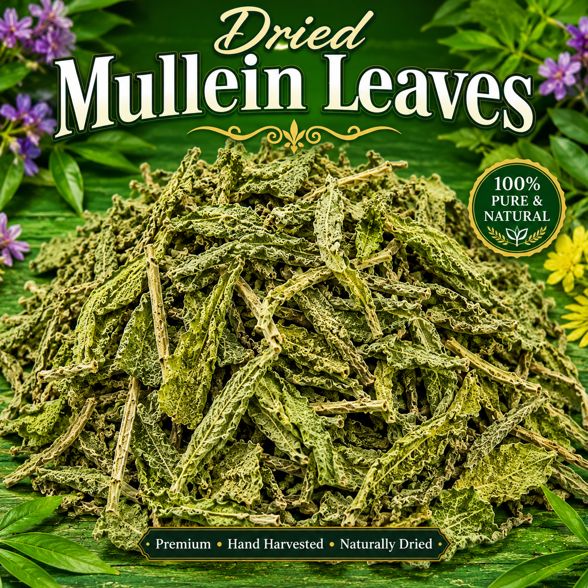 A pile of dried mullein leaves centered on a green leafy background with purple flowers at the corners. Large text reads 'Dried Mullein Leaves,' with a circular badge saying '100% Pure & Natural' and a bottom banner reading 'Premium • Hand Harvested • Naturally Dried.