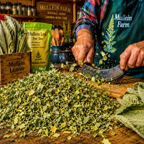 A person wearing a green Mullein Farm apron chops dried green mullein leaves with a curved knife on a wooden cutting board. A bag of Mullein Farm For Tea and a wooden crate of Mullein Leaves are visible in the background on a rustic wooden table