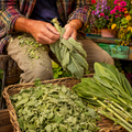 A person in a plaid shirt and khaki pants sits outdoors in a garden, holding freshly harvested green leaves over a wicker basket filled with more chopped greens.