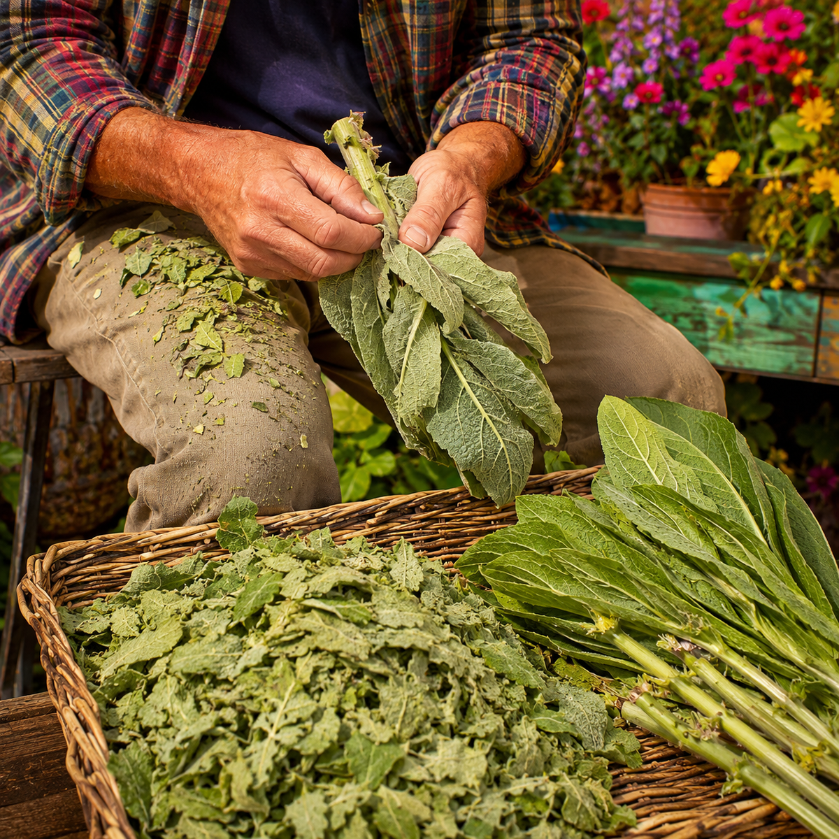 A person in a plaid shirt and khaki pants sits outdoors in a garden, holding freshly harvested green leaves over a wicker basket filled with more chopped greens.