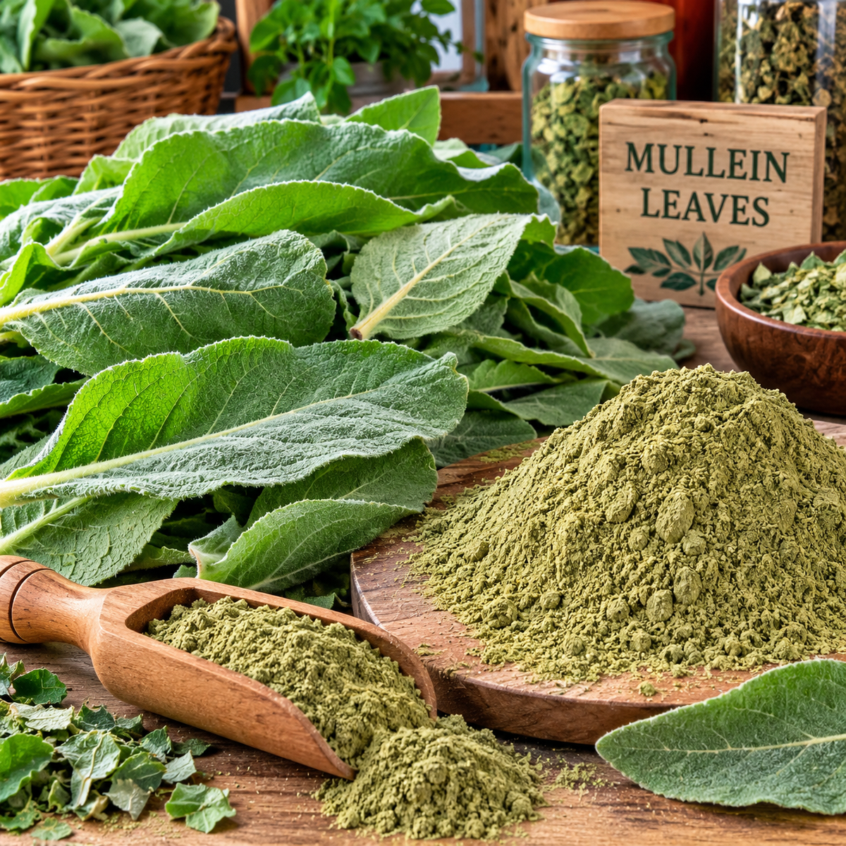 Fresh green mullein leaves displayed with a wooden scoop of green powder and a mound of loose green powder on a wooden board, with a sign reading 'MULLEIN LEAVES' in a rustic setting.