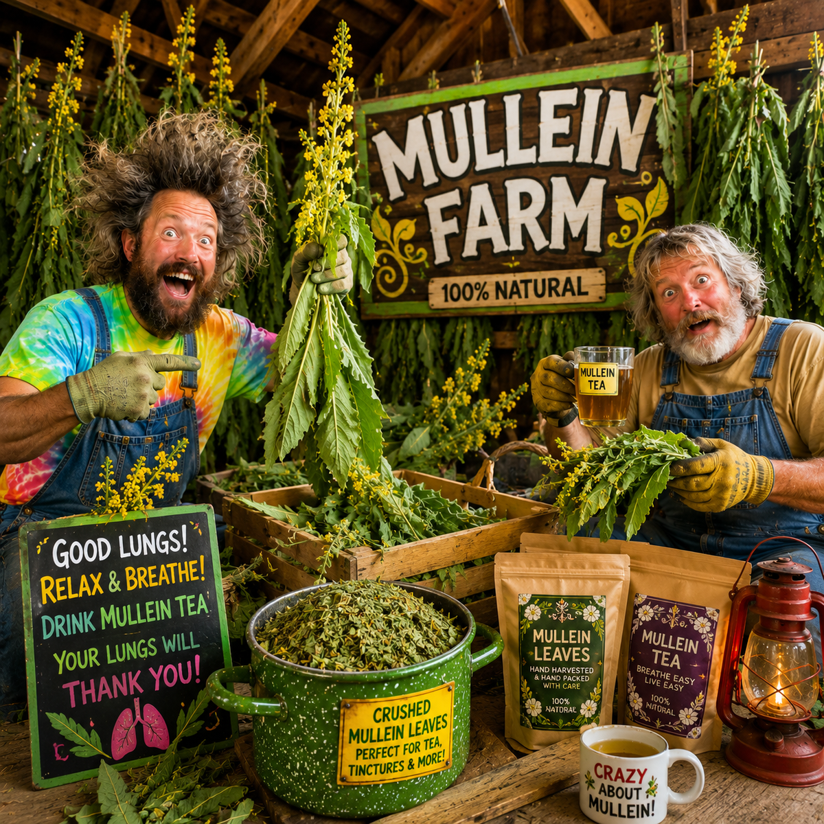 Two men in overalls and tie-dye shirts stand behind a rustic wooden counter at Mullein Farm, holding fresh green leaves and tea products. The scene includes hanging mullein plants, crates of loose leaves, a green pot of crushed leaves, branded tea bags, a mug reading 'Crazy About Mullein!', and a large 'MULLEIN FARM' sign on a barn wall.