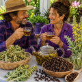 A man and a woman smile while holding cups of tea at an outdoor table, surrounded by bowls of dried herbs, a glass teapot, and flowers. The man wears a straw hat and purple plaid shirt, and the woman wears a purple top.