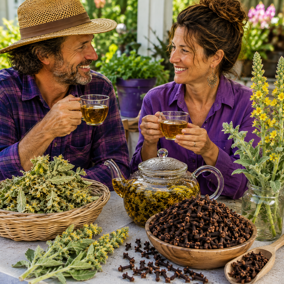 A man and a woman smile while holding cups of tea at an outdoor table, surrounded by bowls of dried herbs, a glass teapot, and flowers. The man wears a straw hat and purple plaid shirt, and the woman wears a purple top.
