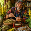 A smiling man in a colorful bohemian outfit and flower-adorned hat is shown rolling a cigarette at a wooden table surrounded by bowls of dried herbs, yellow flowers, and a rolling machine.