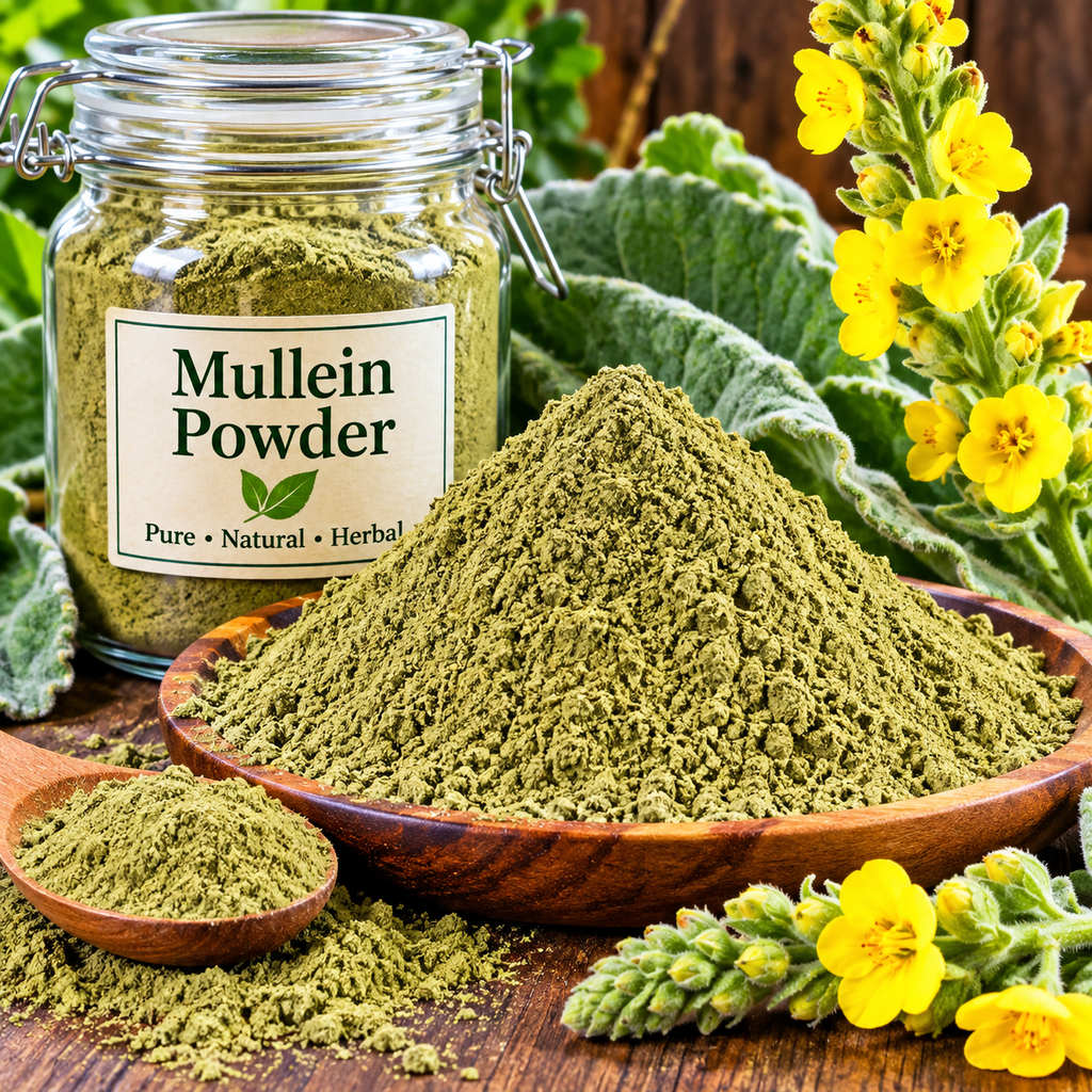 A pile of finely ground dried mullein leaf powder on a work table, ready to use for herbal preparation.