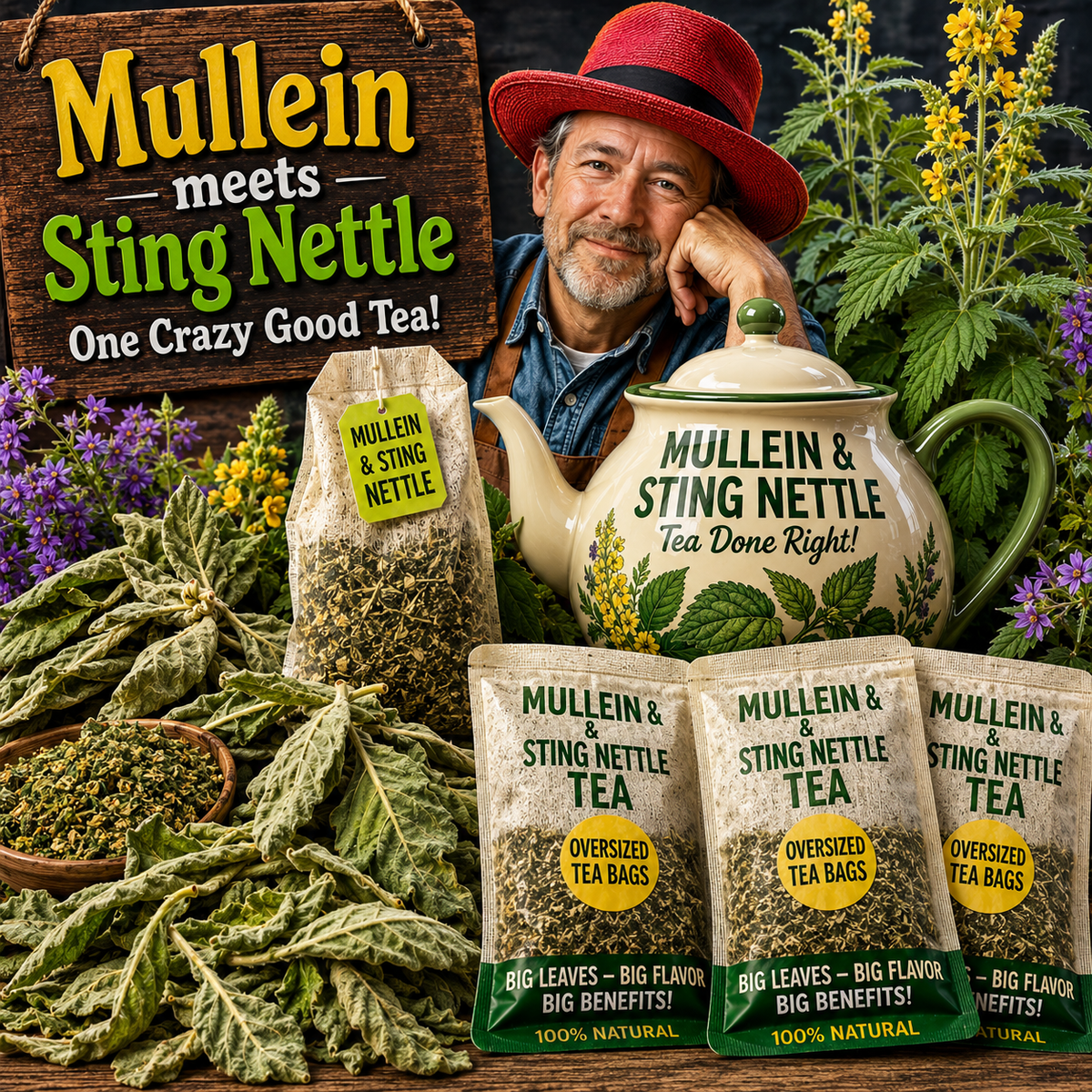 A styled promotional scene for Mullein meets Sting Nettle tea featuring a smiling man in a red hat and blue shirt surrounded by dried herbs, live plants, a large teapot, and several tea bags and tea bag packs. Large text reads 'Mullein meets Sting Nettle' and 'One Crazy Good Tea!'.