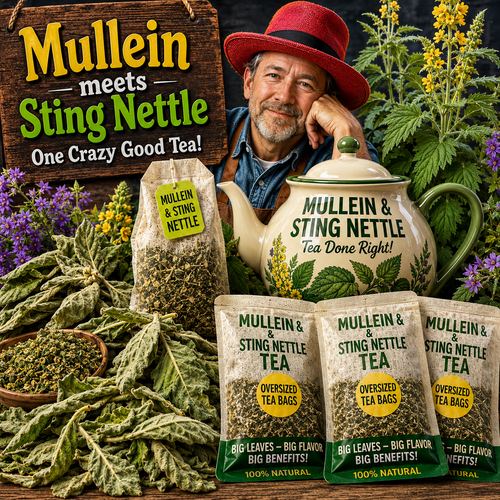 A styled promotional scene for Mullein meets Sting Nettle tea featuring a smiling man in a red hat and blue shirt surrounded by dried herbs, live plants, a large teapot, and several tea bags and tea bag packs. Large text reads 'Mullein meets Sting Nettle' and 'One Crazy Good Tea!'.
