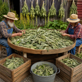 Two people in straw hats and overalls sit at a large round wooden table piled with freshly harvested green leaves, with crates and a galvanized bucket of the same leaves around it, and bundles hanging on a weathered fence behind them.