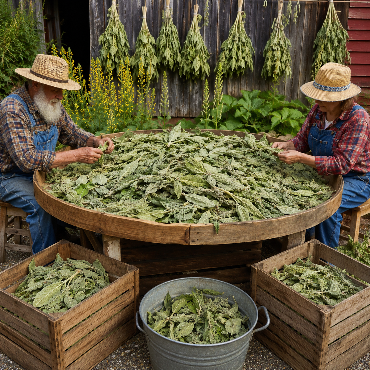 Two people in straw hats and overalls sit at a large round wooden table piled with freshly harvested green leaves, with crates and a galvanized bucket of the same leaves around it, and bundles hanging on a weathered fence behind them.
