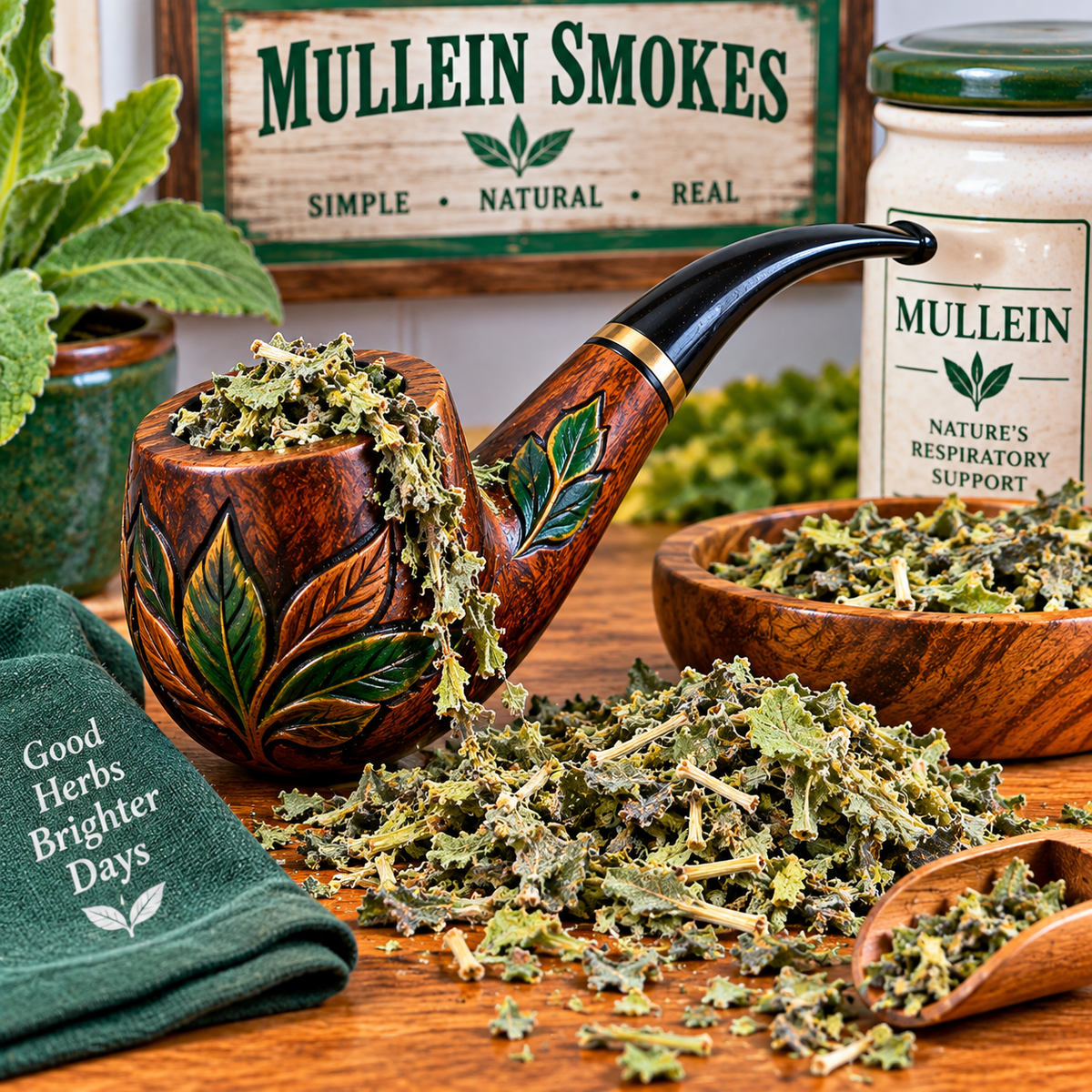 Mullein pipe filled with dried mullein leaves with a pile of dried mullein ready to fill more pipes