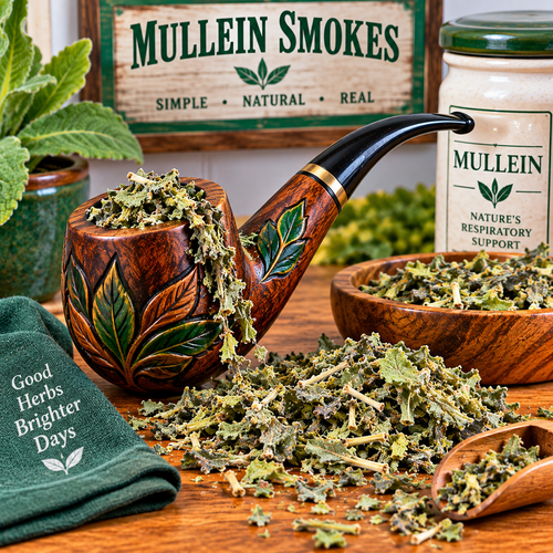 Mullein pipe filled with dried mullein leaves with a pile of dried mullein ready to fill more pipes