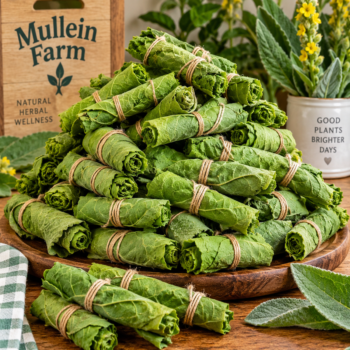 Fresh green mullein leaves rolled into bundles and tied with string on a work table, freshly prepared for drying and processing.