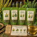 Four stand-up pouches of Mullen Farm herbal tea arranged on a wooden surface with a glass of brewed tea, loose leaves, and green foliage in the background. The pouches are labeled Mullen Tea, Mullen & Stinging Nettle Tea, Mullen & Lemongrass Tea, and Mullen & Rosemary Tea.