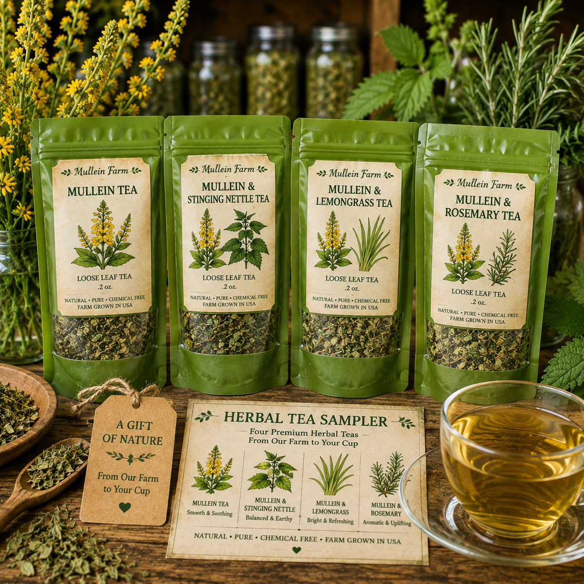 Four stand-up pouches of Mullen Farm herbal tea arranged on a wooden surface with a glass of brewed tea, loose leaves, and green foliage in the background. The pouches are labeled Mullen Tea, Mullen & Stinging Nettle Tea, Mullen & Lemongrass Tea, and Mullen & Rosemary Tea.