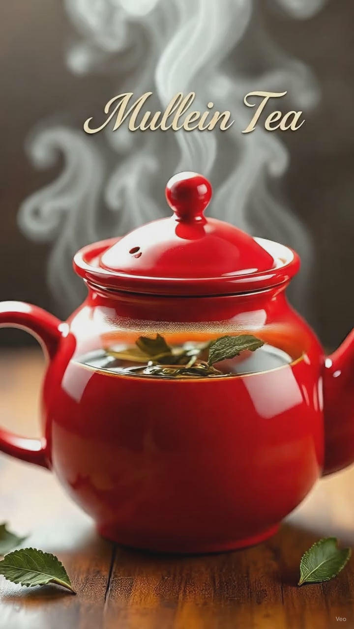 Red teapot filled with Mullein Tea, with dried Mullein leaves displayed on the table beside it.