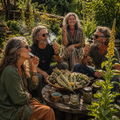Four people sitting outdoors in a garden setting around a rustic wooden table, smoking cigars and surrounded by dried herbs, small jars, and cups. A large yellow flowering plant is in the foreground.