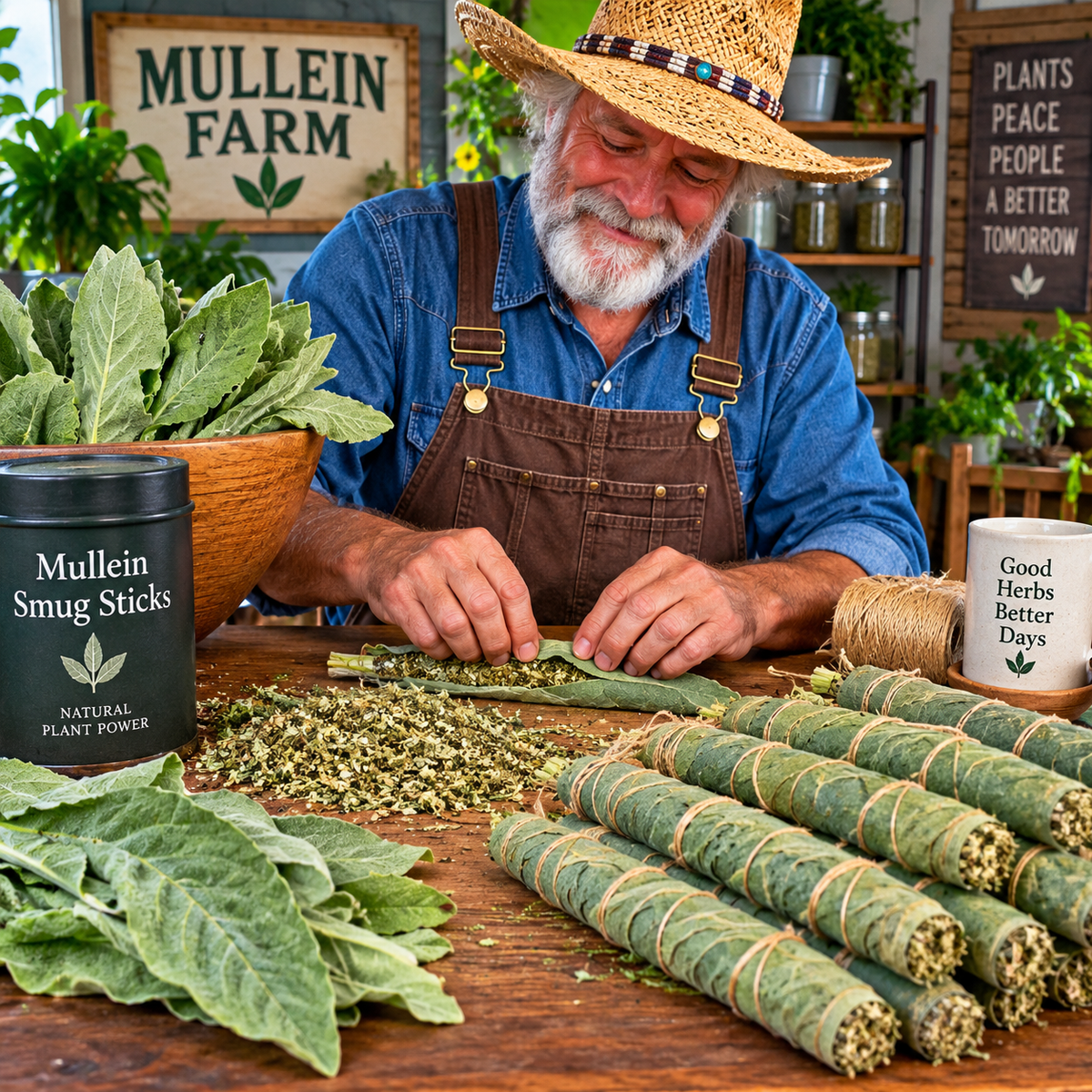 A smiling man in a straw hat and brown overalls stands at a wooden table, wrapping dried herbs into small bundles. Several rolled herb sticks are arranged on the table, with a black canister labeled 'Mullein Smug Sticks' and a white mug reading 'Good Herbs Better Days' nearby.