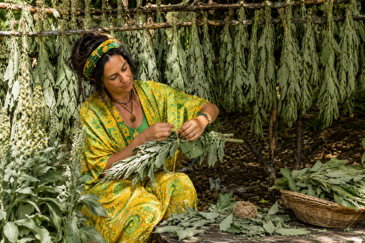 Woman in a yellow patterned dress working with green leaves in a natural setting
